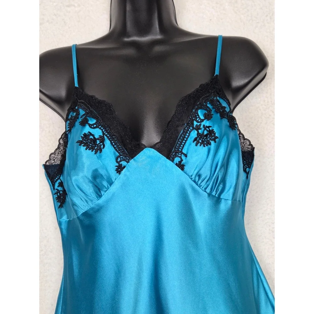 Vtg 90s Womens Babydoll Satin Lace Trim Slip Dress Nightie L Equestrian Coquette